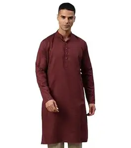 Majestic Man Men's Cotton Blend Textured Solid Mandarin Collar Classic Ethnic Long Kurta