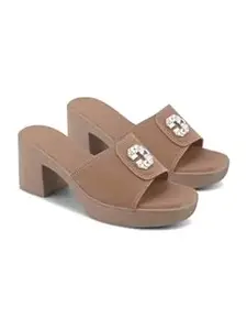 SELFIEE Women's Elegant Stylish Broad Strap with Crystal Stone Embellished Slip-on Party Chunky Block Heel Sandals