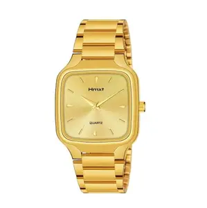 Square Quartz Watch, Black Stainless Steel Band, Analog Display (Gold)