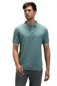 Dennis Lingo Men's Cotton Sea Blue Printed Regular Fit Button-Down Short Sleeve Polo Tshirt (L)