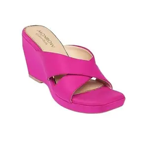MONROW Liliana Mesh Wedge Heels for Women, Pink, UK-5 | Fancy & Stylish Heel sandals, Casual, Comfortable Fashion Heel Sandal