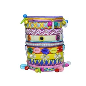 Navami Mrida bright colour beads work Bangles, Handcrafted Cotton Thread Bangle Set for Women & Girls (9 Bangles) (multi colour, (26 & 28)