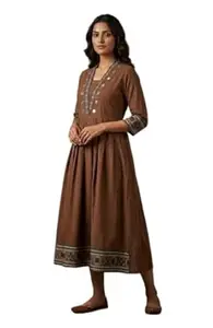 TOUCH OF KUTCH Cotton Frock Style Kurti with Mirror Work and Ajrakh Print, V Neck Long Kurti with 3/4 Sleeves, Side Pockets, Knee Length