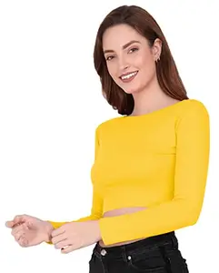 THE BLAZZE 1138 Women's Cotton Basic Sexy Solid Round Neck Slim Fit Full Sleeve Saree Readymade Saree Blouse Crop Top T-Shirt for Womens (XL, Yellow)