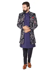 AZRA FASHION Open front embroidery velvet indo-western sherwani with straight silk lavada and pants for groom & wedding (Purple) (Size-S)