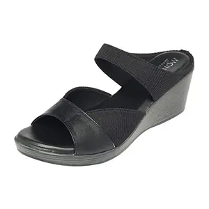 MONROW Yara Leather Wedge Heels for Women, Black, UK-5 | Fancy & Stylish Heel sandals, Casual, Comfortable Fashion Heel Sandal