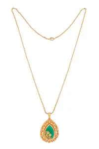 Radha's Creations Traditional thin chain green stone pendant necklace Medium length 24" inches Length One Gram Gold Plated For Women and Girls No.1375