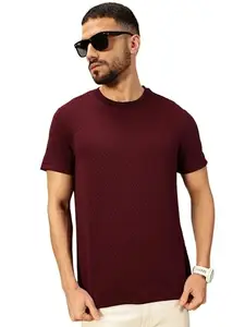 Thomas Scott Men Textured Round Neck Half Sleeves Regular Fit Tshirt (TSST05_Burgundy, S)