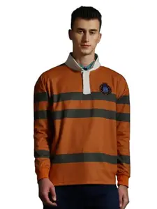 Breakbounce Orange Striped Full Sleeve Oversized Polo