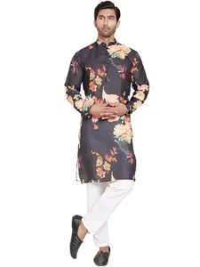 Jompers Black Men's Printed Pure Cotton Kurta Pyjama Set. (Black, L)