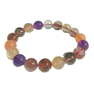 RRJEWELZ Natural Amethyst & Rutilated Quartz 10mm Round Shape Smooth Cut Beads 7 Inch Stretchable Bracelet For Men & Women. Unisex Bracelet For Healing, Meditation, Prosperity & Luck|STBR_RR_09848_7.0