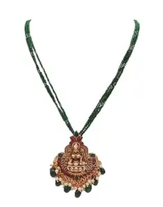 NANDANA COLLECTIONS Aditya Jewellery Lakshmi Pendant Necklace, Green Hydro Beads Chain, Gold Plated, Matt Finish, 3 Line Locket for Women.