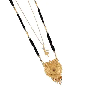 MALKYN Women's Gold Plated Traditional Indian Mangalsutra with Enamel Work and Delicate Ballerina Pendant Layered Necklace Set, Black Beaded Wedding Jewelry-MD-051