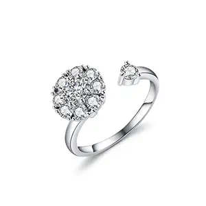 Vembley Rotating Cubic Zirconia Studded Adjustable Silver-Plated Flower Ring For Women And Girls