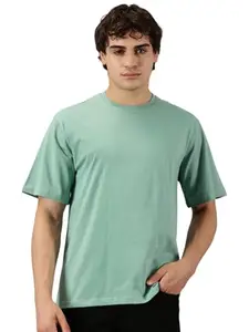 RodZen® Oversized Baggy Fit Half Sleeves Round Neck Solid Pure Cotton T-Shirt for Men (Pista, S)
