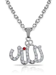 Adhvik Unisex Silver Color Fancy & Stylish Trending Stainless Steel Diamond Nug Stone Engraved/Studed Muslim God Shia Imam Ali Allah Quran Islamic Arabic Urdu Locket Pendant Necklace With Chain