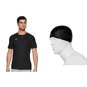 Nivia - - Step Out & Play 2205XL6 Polyester Hydra -1 Fitness Jersey Men's, XL (Black) Classic Silicone Swimming Cap for Adults (Black)