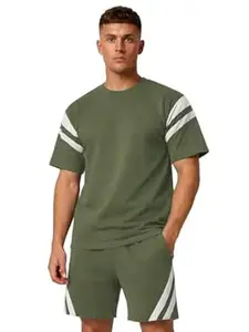 CHKOKKO Men’s Co-Ord Set Premium Cotton Blend Oversized T-Shirt & Shorts Cord Set with Side Pockets Round Neck Half Sleeves Solid with Contrasting Stripes Summer or Casual Wear
