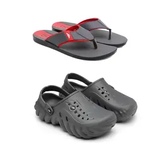 ASIAN Men's Combo Casual Walking Daily Used Clogs & Slipper with Lightweight Clog & Pu Slippers for Men's & Boy's Grey Red