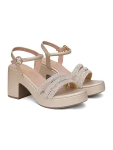 Shoetopia Women’s Rose-Gold Block Heel Sandals with Ankle Strap – Glitter Strap || Party Footwear Heels for Casual, Wedding & Festive Outfits EU39