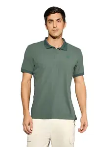 TECHNOSPORT Men's Slim Fit Textured Self Design Half Sleeve Polo T-Shirt for Sports, Gym & Running - (MTP840TRN_Trekking Green_2XL)