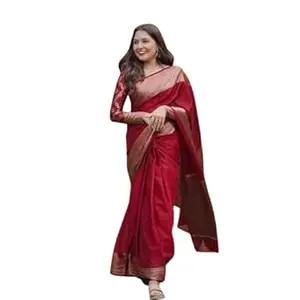 H&J INNOVATION Women Soft Silk Saree with Golden Woven Border and Rich Pallu, Plain Silk Saree for Wedding, Ethnic Wear Maroon HJ-5674