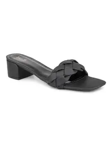 Inc.5 Women Black Textured Open Toe Block Heels