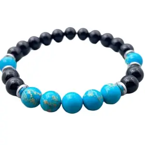 LKBEADS Sea Sediment Jasper & Black Onyx Bracelet | Handmade Beaded Jewelry for Men And Women, Unique Gift Idea|8mm Round|Smooth|Black & Blue|SRC_LI_000449
