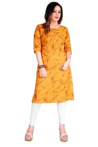 Women's Casual 3/4th Sleeve Printed Cotton Kurti (Yellow, XL)-PID46125