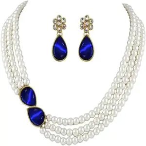 Fashion Women Tripale Layered Pearl Necklace Set Design Plated Rose Gold Necklace Set, With A Pair Of Earrings For Mehndi, Haldi, Wedding, Baby Shower, Pearl Necklace Set (Blue)