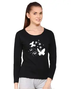 Cotton Blend Round Neck Full Sleeve Printed T Shirt for Women, Pack of 1, Black, Black-57
