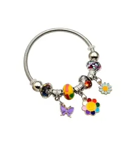 Whimsical Bead & Charm Bracelet - Rainbow Smiley Flower, Blue Daisy & Purple Butterfly on Durable Steel Band