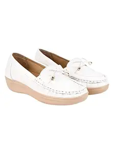 Shoetopia Upper Bow Detailed White Slip-On Loafers for Women & Girls /UK5
