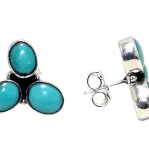 Rajasthan Gems Stud Earrings Tops 925 Sterling Silver Natural Turquoise Gem Stone Women Handmade Gift H637