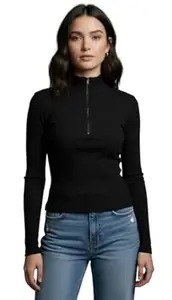 FYLTR Women’s Slim Fit Ribbed Full Sleeve Top | Stretchable Casual Wear Top | High Neck with Front Zipper