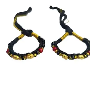 Handcrafted Black Thread baby Bracelet with Gold Beads and Red Stones, Set of 2 for babies 0-1 year old