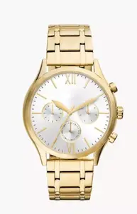 Luxury Chronograph Watch, Gold-Tone Stainless Steel Band, White Dial with Roman Numerals, 3 Sub-dials
