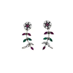 Shyle 925 Sterling Silver Clip on Earring, Adya Jadau Flora Ear Cuff, Well Stamped with 92.5,Statement Earclip, Oxidized Ear Cuff with Stones, Gift for Women