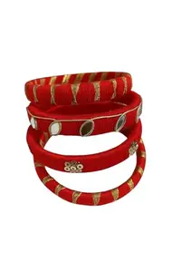 Traditional Red Thread Bangles with Mirror and Gold Accents, Set of 4