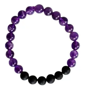 RRJEWELZ Natural Amethyst & Volcanic Lava 8mm Round Shape Smooth Cut Beads 6.5 Inch Stretchable Bracelet For Men & Women. Unisex Bracelet For Healing, Meditation, Prosperity, Gift & Luck|STBR_RR_09750_6.5