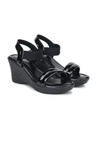 LADOO'S Women's Fashion Sandals | Faux Leather Comfortable & Stylish Wedges| For Formal Wear Occasions For Women & Girls (LD-72-Black-8 UK)