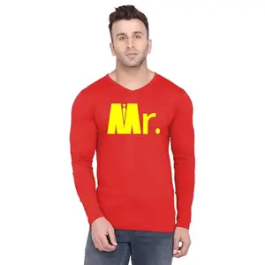 Men’s Cotton Full Sleeve V Neck T-Shirt | Mr.Men Coat Graphic Print | Stylish Casual Wear Tee | Fashion Love Design Printed T Shirt FSVN-4199-S Red