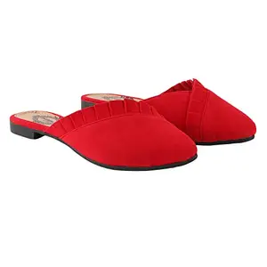 Shoetopia Women's RedFrill Mules – Stylish Slip-On Flats with Pointed Toe & Ruffle Detailing for Casual EU38