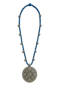 Ethnic Medallion Pendant Necklace, Blue Braided Thread, Antique Silver Finish