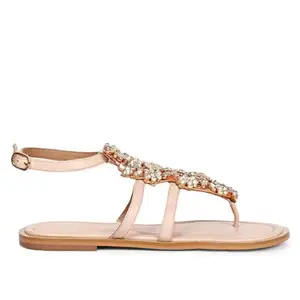 SaintG Womens Silver Stone Adorned Pink Leather Flat Sandals (Pink, 3)