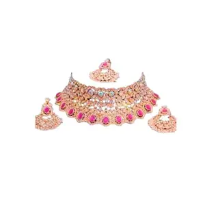 Elegant Pink Stone Bridal Choker Necklace Set with Matching Earrings and Maangtika – Wedding Jewelry for Women