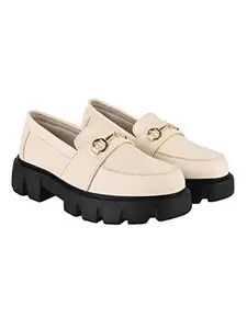 Shoetopia Smart Casual Chain Detailed Cream Loafers for Women & Girls /UK8