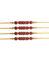 Unique Rudraksh Rakhi Set with Gold-Toned Beads and Red Thread, Pack of 4
