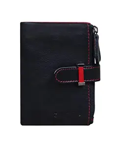 Calfnero Women's Genuine Leather Wallet-Long Purse Wallet with Multiple Card Slots, Zip Pocket and Note Compartment (Black-Red)