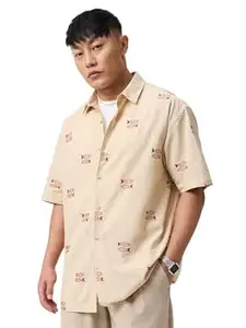 The Souled Store Cotton Linen: Indie Marine Men and Boys Short Sleeve Spread Collar Beige Embroidered Cotton Blend Casual Lightweight Drop Shoulder Streetwear Trendy Oversized Shirt